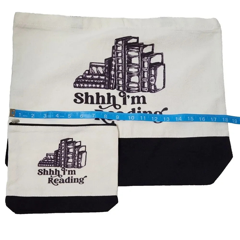 Shhh Im Reading Canvas Tote Bag & Pouch Set Zipper Book Lover Gift Bookworm 2pc